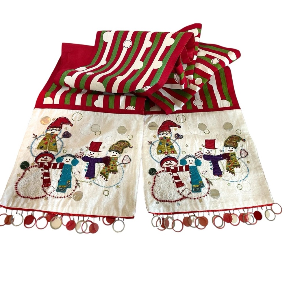 Pier 1 Imports Snowman Whimsy Christmas Table Runner Beaded Embellished 14X108